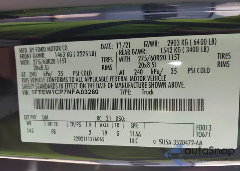 2022 Ford F-150 Xlt из США, поврежденный, VIN 1FTEW1CP7NFA03260